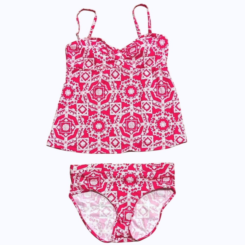 Liz Lange Maternity S Hot Pink White Print Tankini Swim Suit 2 Piece Bathing